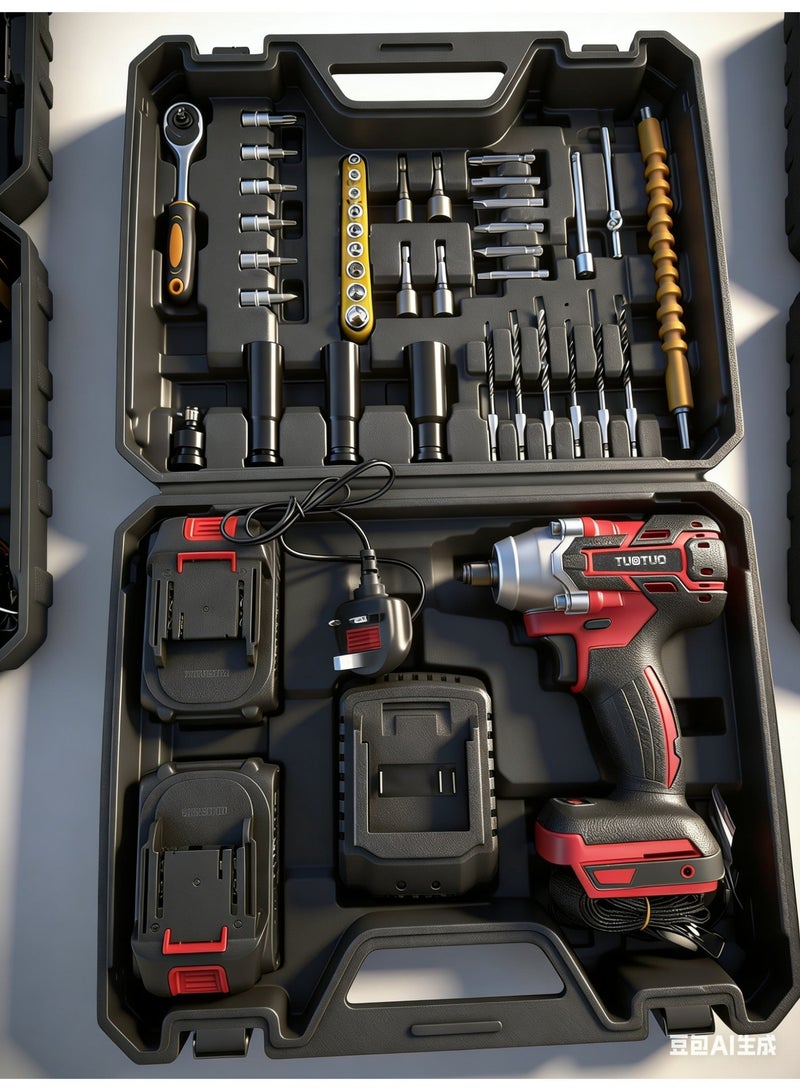 TUOTUO Upgraded Fast-Charging Impact Wrench Set – The Power Source! TUOTUO Power Tools, 98V Brushless Lithium-ion Impact Wrench, High Torque Performance, Equipped with Two 4.0Ah Batteries and a Full Set of Accessories+31-piece ratchet wrench and socket tool set, 14-inch drive screwdriver repair kit, combination socket wrench drive socket set with storage box, suitable for home car and motorcycle repair projects. - Image 2