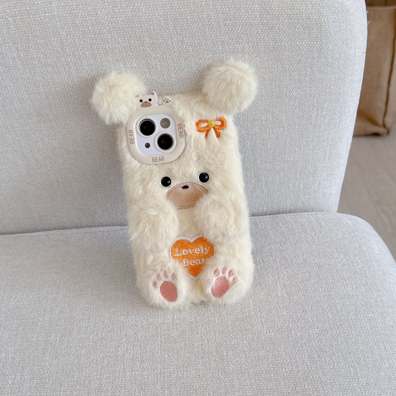 Phone Case Light Brown Embroidered Heart Bear Plush Cute Cartoon Autumn Winter Warm Plush Phone Case For iPhone 15 Pro - Image 3