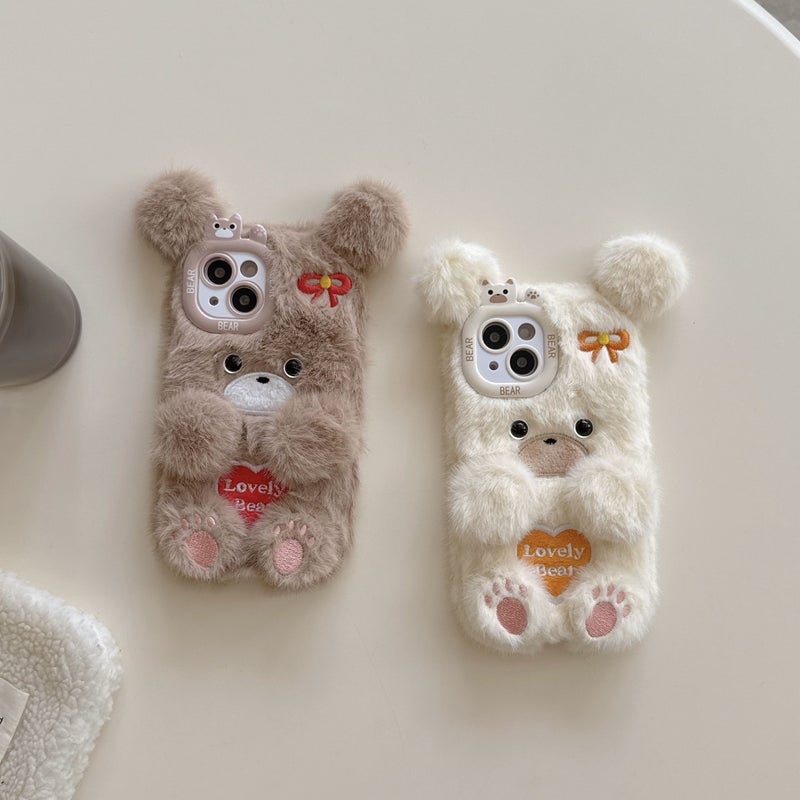 Phone Case Light Brown Embroidered Heart Bear Plush Cute Cartoon Autumn Winter Warm Plush Phone Case For iPhone 15 Pro - Image 5