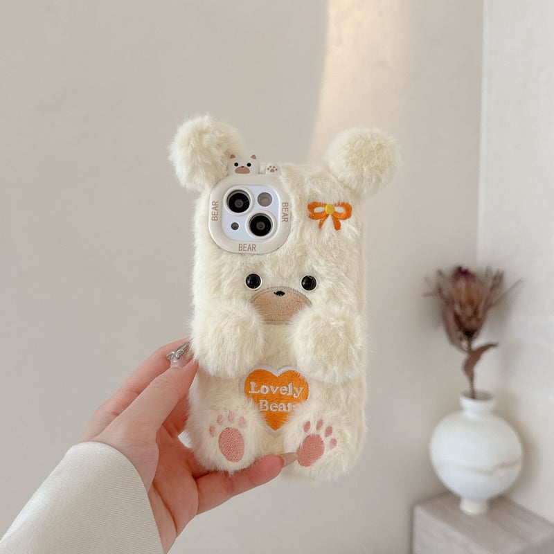 Phone Case Light Brown Embroidered Heart Bear Plush Cute Cartoon Autumn Winter Warm Plush Phone Case For iPhone 15 Pro - Image 4