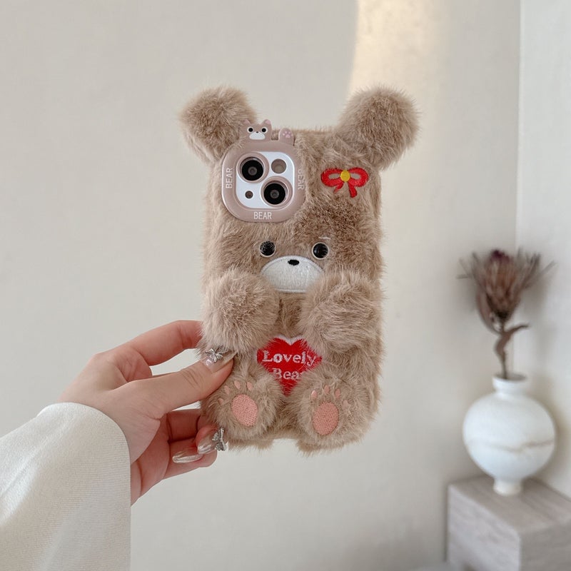 Phone Case Light Brown Embroidered Heart Bear Plush Cute Cartoon Autumn Winter Warm Plush Phone Case For iPhone 15 Pro - Image 2