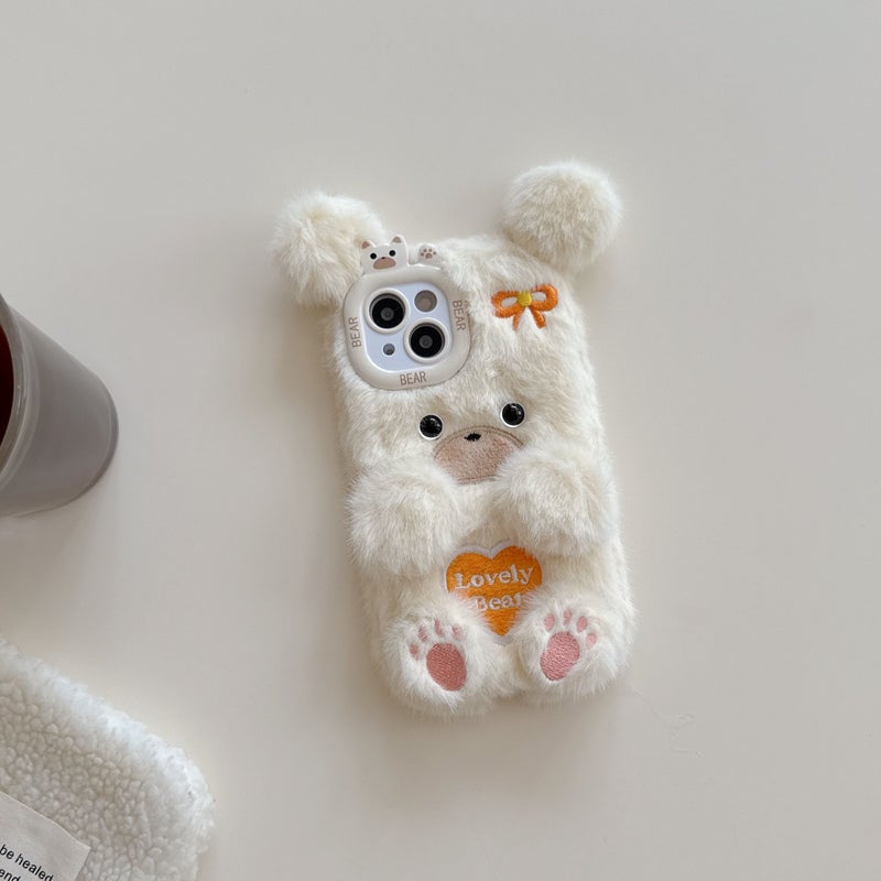 Phone Case Light Brown Embroidered Heart Bear Plush Cute Cartoon Autumn Winter Warm Plush Phone Case For iPhone 15 Pro - Image 1
