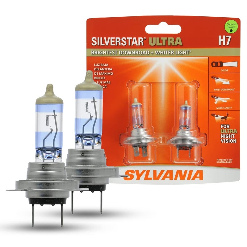 SYLVANIA H7 SilverStar Ultra High Performance Halogen Headlight Bulb High Beam Low Beam and Fog Replacement Bulb Brightest Downroad with Whiter Light TriBand Technology Contains 2 Bulbs
