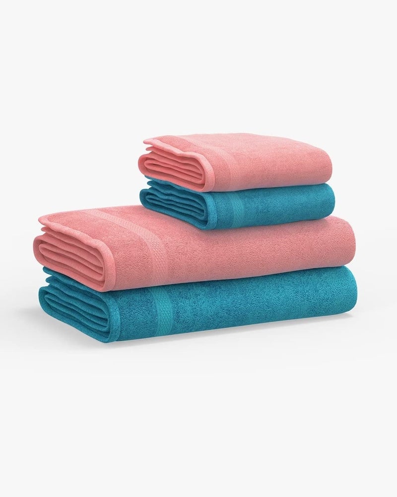 TIQH 100% Organic Pure Cotton 500 GSM Highly Absorbent & Quick Dry 2 Set of Bath Towels & 2 Set of Hand Towels (Sky - Pink) - Image 2