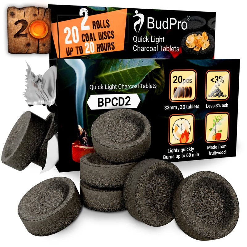 BudPro Quick Light Charcoal Tablets 33mm â€“ 40 Tablets (4 Rolls) Fast Lighting Charcoal Discs for Incense, Resin, Frankincense & Bakhoor - Image 1