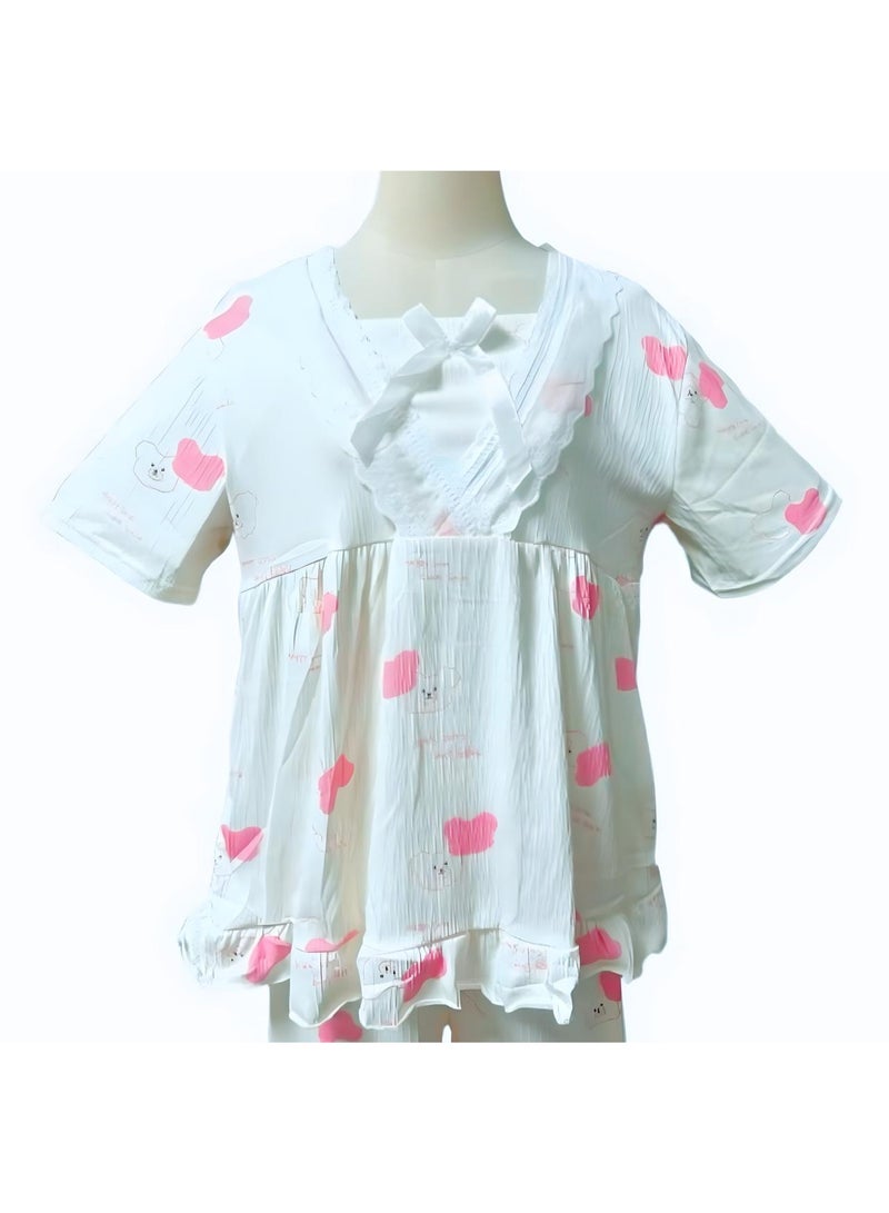 طقم بيجامة نسائي صغير لفصل الربيع والصيف والخريف - بلوزة بأكمام قصيرة ورقبة مربعة بطبعة دب لطيفة مع تفاصيل كشكشة وبنطلون مريح برباط - Image 2