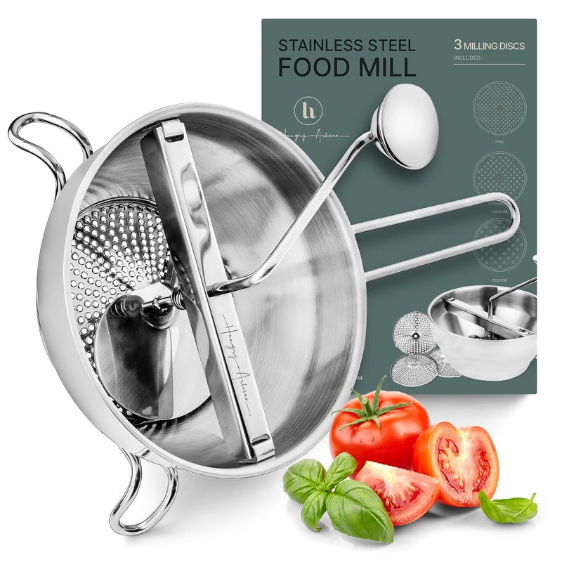 The Hungry Artisan Ergonomic Food Mill Stainless Steel With 3 Grinding Discs  Rotary Food Mill for Tomato Sauce Applesauce Puree Mashed Potatoes Jams Baby Food 