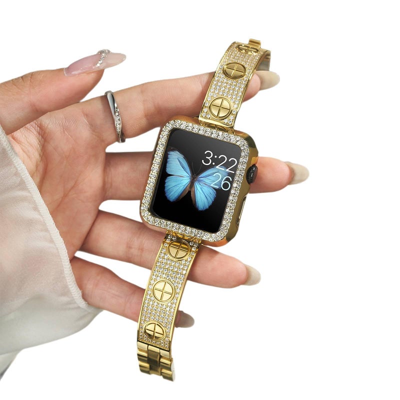 سوار ساعة ذكية سوار معدني من الستانلس ستيل متوافق مع Apple Watch 38/40/41/42/44/45/49mm بملاءمة قابلة للتعديل وحزام بديل بتصميم معدني أنيق باللون ذهبي قابل للتعديل - Image 5