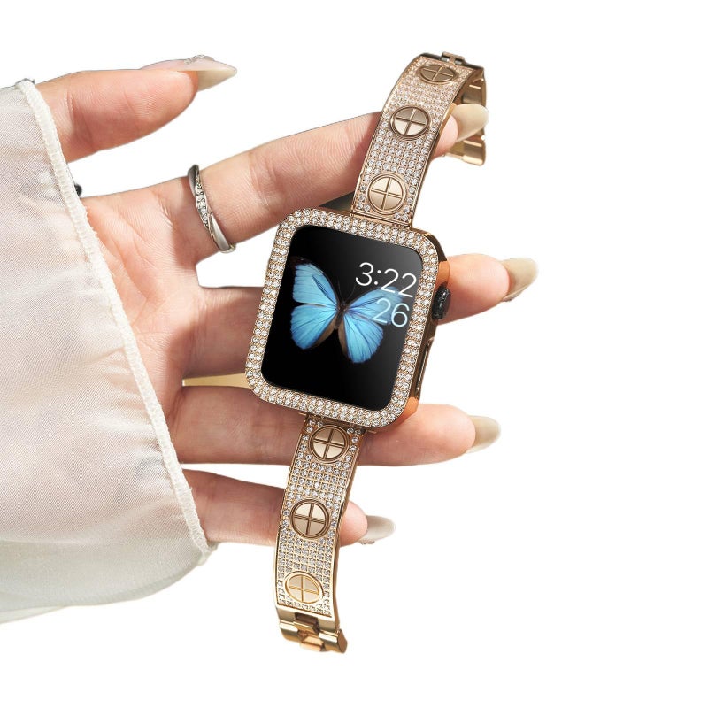 سوار ساعة ذكية سوار معدني من الستانلس ستيل متوافق مع Apple Watch 38/40/41/42/44/45/49mm بملاءمة قابلة للتعديل وحزام بديل بتصميم معدني أنيق باللون ذهبي قابل للتعديل - Image 1