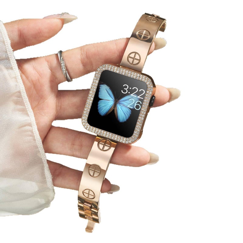 سوار ساعة ذكية سوار معدني من الستانلس ستيل متوافق مع Apple Watch 38/40/41/42/44/45/49mm بملاءمة قابلة للتعديل وحزام بديل بتصميم معدني أنيق باللون ذهبي قابل للتعديل - Image 4