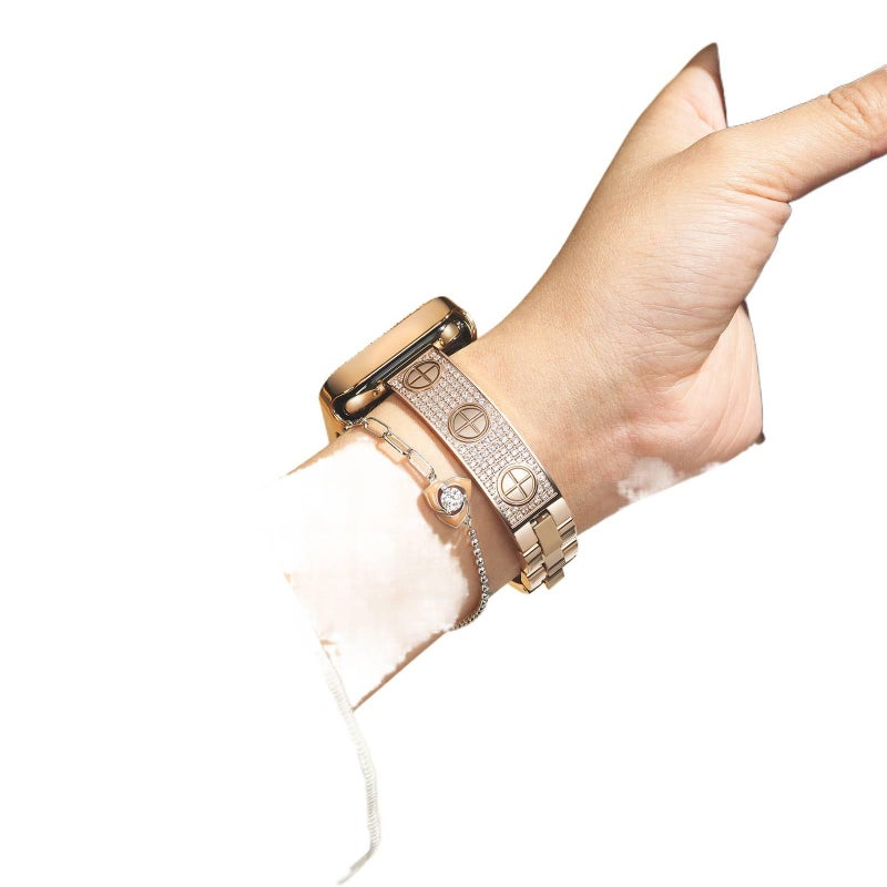 سوار ساعة ذكية سوار معدني من الستانلس ستيل متوافق مع Apple Watch 38/40/41/42/44/45/49mm بملاءمة قابلة للتعديل وحزام بديل بتصميم معدني أنيق باللون ذهبي قابل للتعديل - Image 3