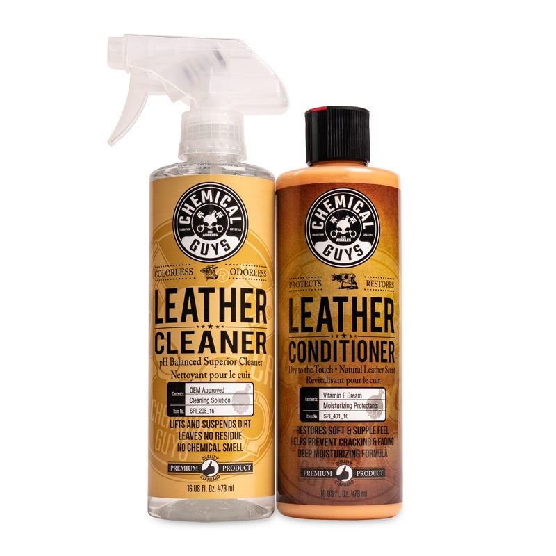 Chemical Guys Leather Cleaner and Conditioner Kit - Car Cleaner and Conditioner, Safely Cleans & Conditions Leather Car Interiors, Furniture, Shoes, Boots, Bags, Apparel & More, 2 Bottles (16 oz Each) - Image 1