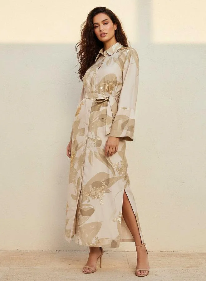 ايكونيك Iconic Printed Women Shirt Dress with Tie-Up Belt