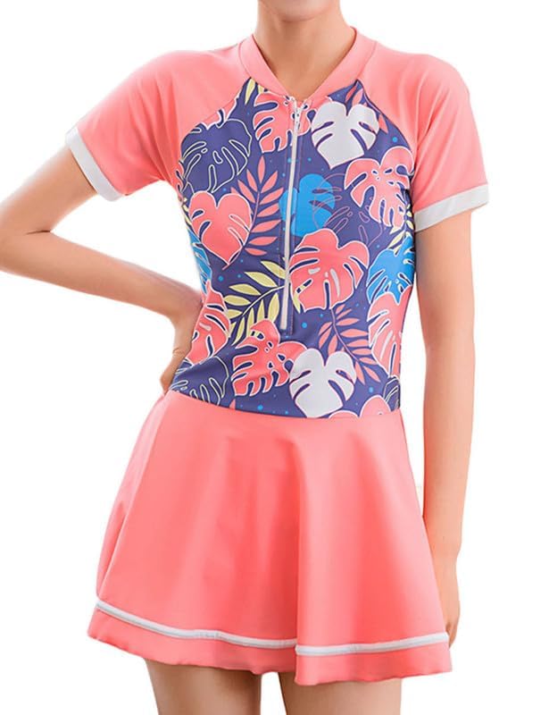 JadeRich Teen Girls One Piece Short Sleeve Swim Dress Rash Guard Bathing Suit Skirted Zip Front Swimwear - Image 2