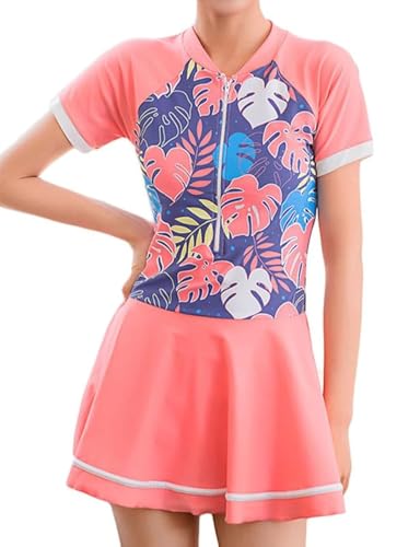 JadeRich Teen Girls One Piece Short Sleeve Swim Dress Rash Guard Bathing Suit Skirted Zip Front Swimwear - Image 4