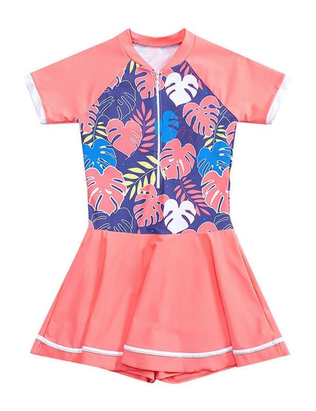 JadeRich Teen Girls One Piece Short Sleeve Swim Dress Rash Guard Bathing Suit Skirted Zip Front Swimwear - Image 5