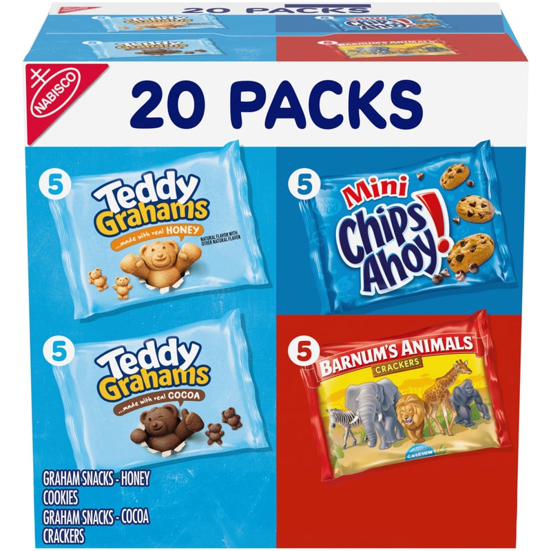 Nabisco Fun Shapes Variety Pack, Barnum's Animal Crackers, Teddy Grahams and CHIPS AHOY! Cookies, 20 Snack Packs - Image 1