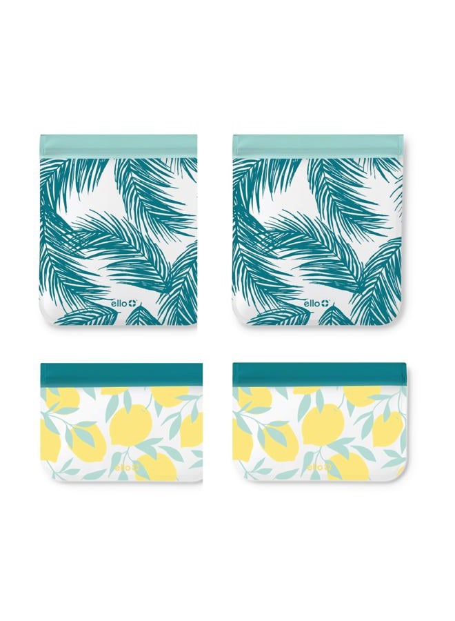 Ello 4 Pack Reusable Food Storage Bags, Resealable BPA-Free, Food-Safe PEVA, Feezer Safe and Leak-Proof, Lemons and Palms - Image 1