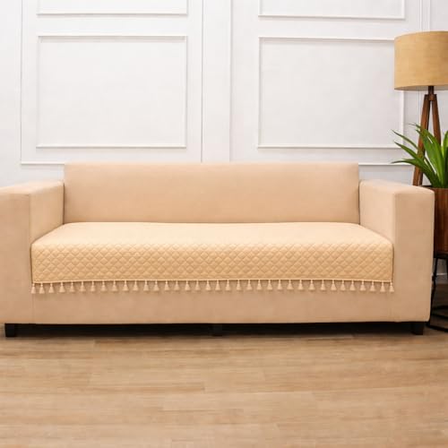 STITCHNEST 4 Seater Quilted Velvet Sofa Cover with Tassels | Elegant Beige Sofa Protector for Living Room | Soft, Washable | Perfect for Enhancing Living Room Interiors - Image 2