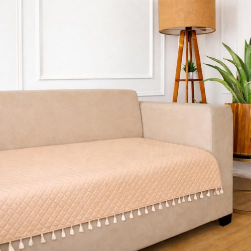 STITCHNEST 4 Seater Quilted Velvet Sofa Cover with Tassels | Elegant Beige Sofa Protector for Living Room | Soft, Washable | Perfect for Enhancing Living Room Interiors - Image 1