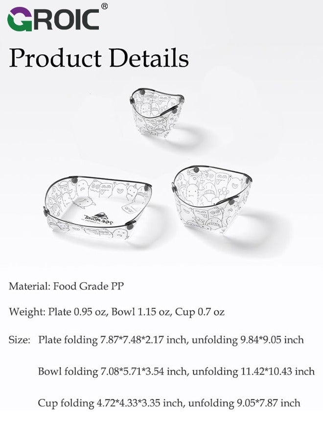 GROIC مجموعة أدوات المائدة المحمولة للتخييم 3 قطع، طبق قابل للطي، وعاء، كوب ماء، سهل التنظيف، خفيف الوزن، مقاوم للحرارة، قابل للطي، مادة غذائية للاستخدام في النزهات الخارجية - Image 2