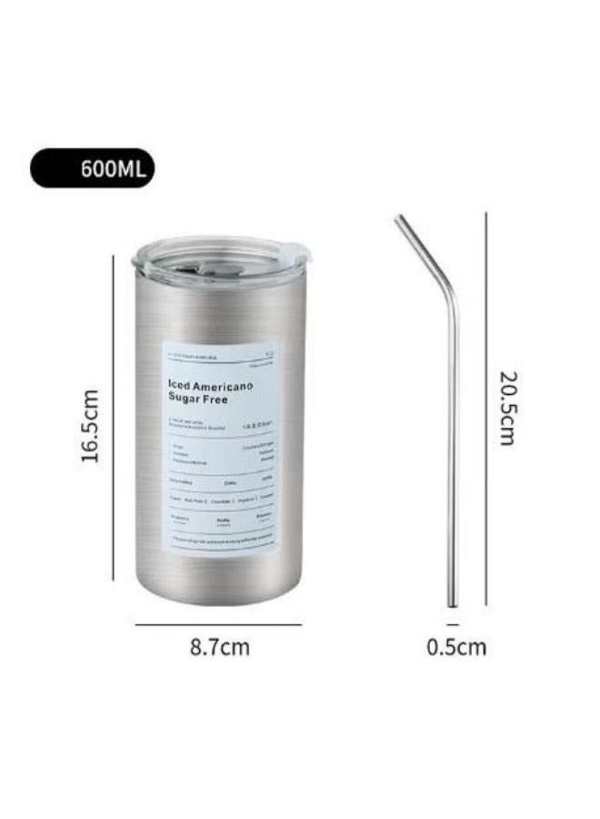Stainless Steel Milk Cup Insulated Coffee Cup Double Walled Vacuum Cup Straw Cover Double Drinking Cap Portable Insulated Cup Household Travel Cup Camping Cup Three Hundred And Four 600ml silvery  - Image 2