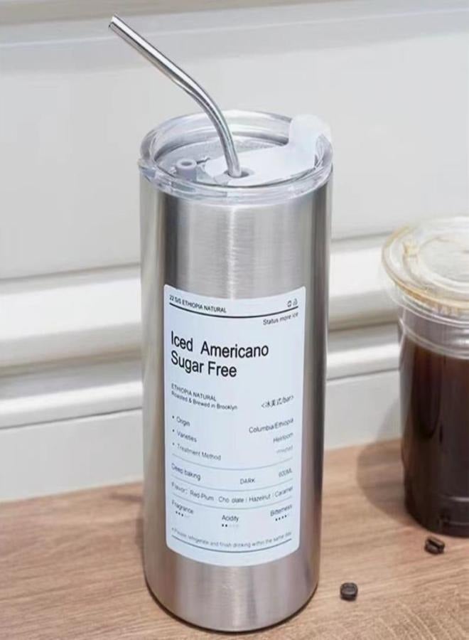 Stainless Steel Milk Cup Insulated Coffee Cup Double Walled Vacuum Cup Straw Cover Double Drinking Cap Portable Insulated Cup Household Travel Cup Camping Cup Three Hundred And Four 600ml silvery  - Image 1