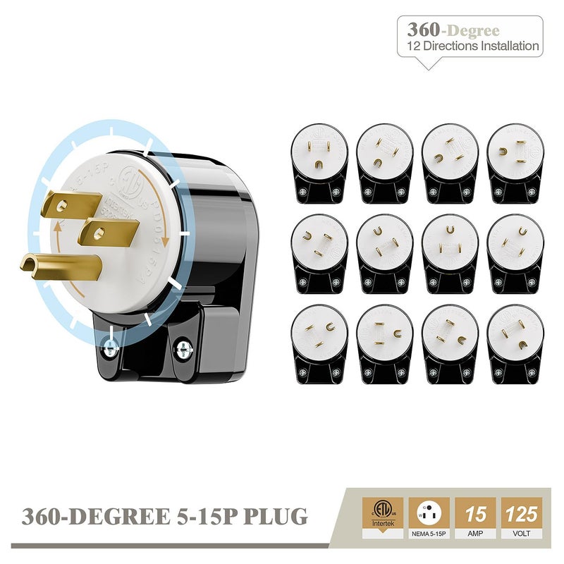 acbroad (3xPCS) Right Angle Nema 5-15P 15A 125V AC Plug, [UL CUL] Easy Assembly 90 Degree USA Canada Male DIY Rewirable 12 Directions Adjustable AC Connector - Image 5