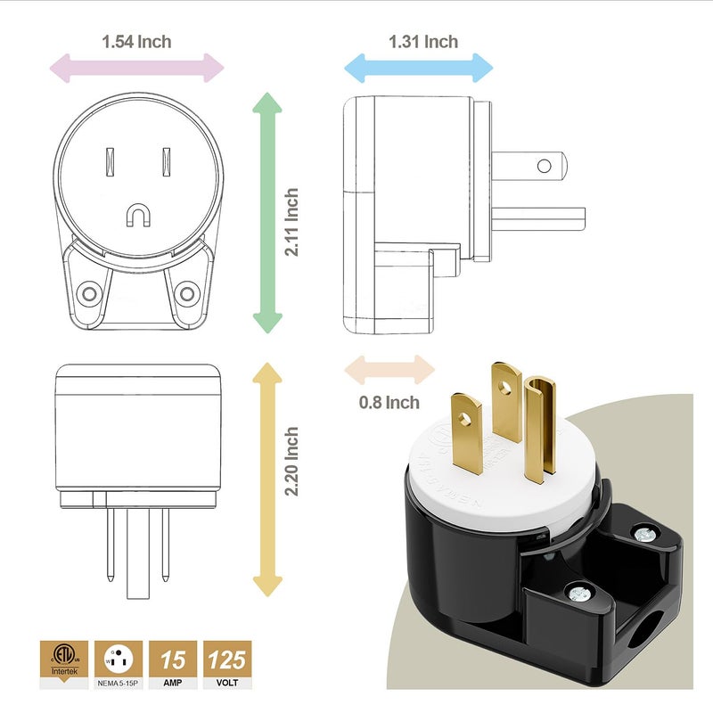 acbroad (3xPCS) Right Angle Nema 5-15P 15A 125V AC Plug, [UL CUL] Easy Assembly 90 Degree USA Canada Male DIY Rewirable 12 Directions Adjustable AC Connector - Image 4