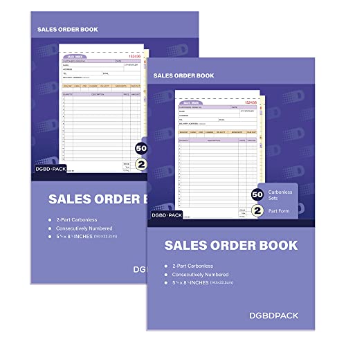 DGBDPACK Sales Order Book 2 Pack, 2 Part Carbonless Invoices, White/Canary, 5-9/16 x 8-3/4 Inches, Receipt Book 50 Units per Book - Image 1