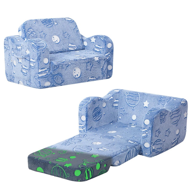 MeMoreCool GlowinTheDark Toddler FoldOut Sofa Bed 2in1 Convertible Plush Chair Lounger for Boys Girls Removable Washable Cover Kids Playroom Gift Astronaut Design