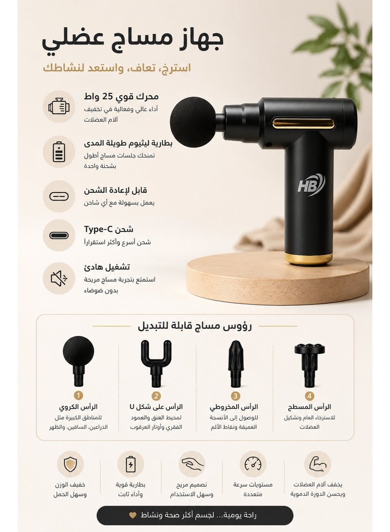 HB Massage Gun Deep Tissue – 4 Interchangeable Heads – 25W Motor – Quiet Operation – Type-C Charging – Long Lasting Battery - Image 2