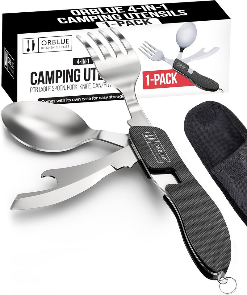 Orblue 4-in-1 Camping Utensils, 1-Pack, Portable Stainless Steel Spoon, Fork, Knife & Bottle Opener Combo Set - Travel, Backpacking Cutlery Multitool, Black - Image 1