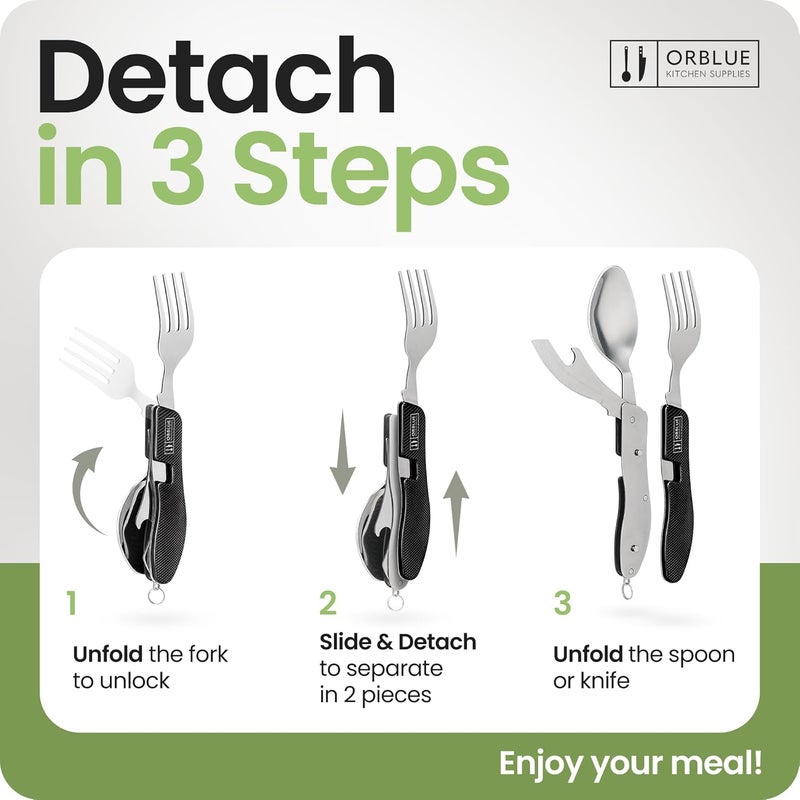 Orblue 4-in-1 Camping Utensils, 1-Pack, Portable Stainless Steel Spoon, Fork, Knife & Bottle Opener Combo Set - Travel, Backpacking Cutlery Multitool, Black - Image 3