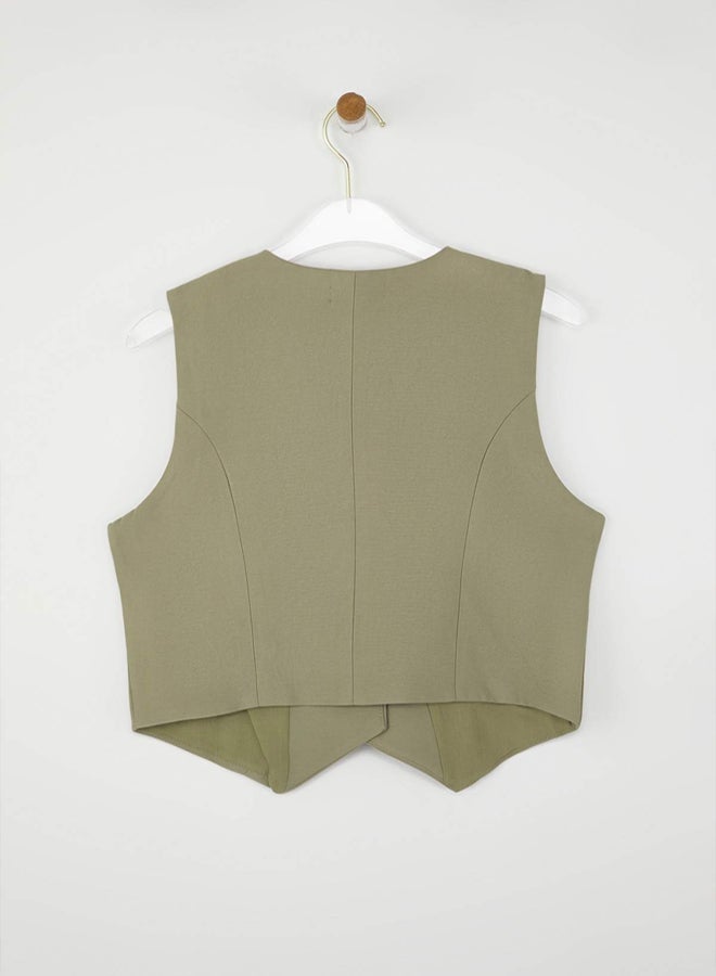 trendyol Khaki Fitted Linen Look Double Breasted Closure Crop Vest - Image 5