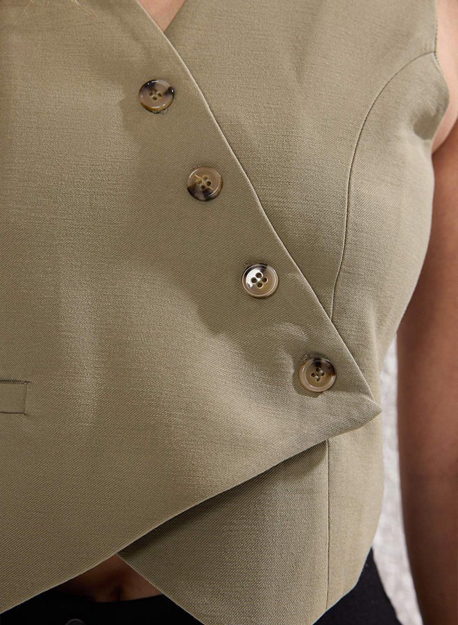 trendyol Khaki Fitted Linen Look Double Breasted Closure Crop Vest - Image 3