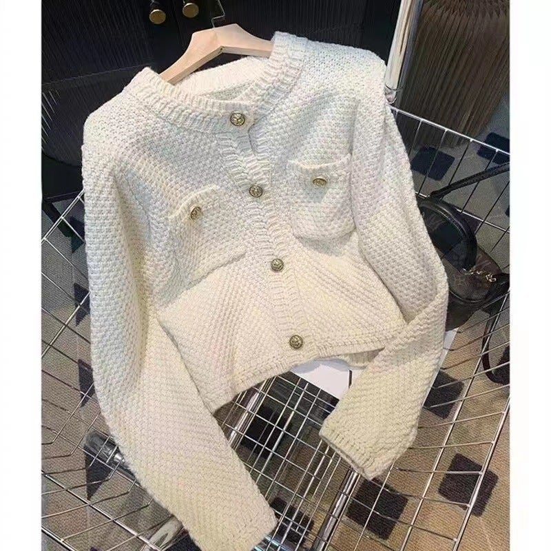 Round Neck Long Sleeve Chanel Style Sweater Jacket Women'S 2023 Spring New Loose Slimming Single Breasted Waffle - Image 3