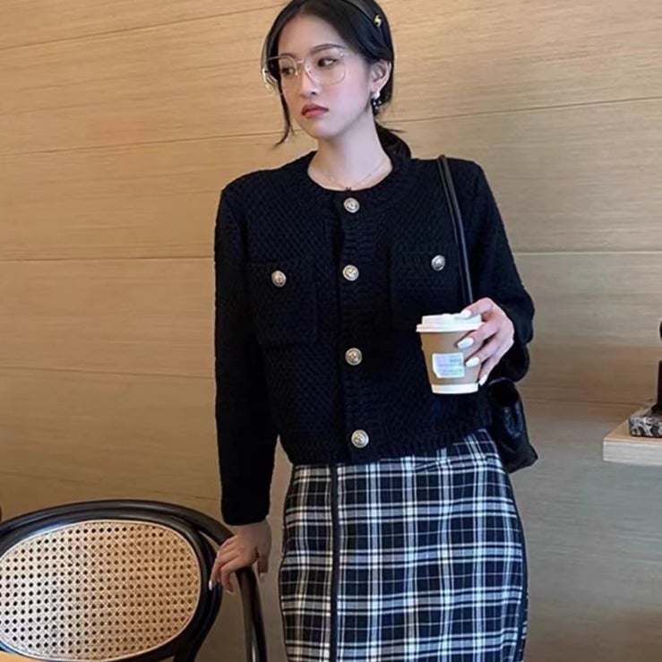 Round Neck Long Sleeve Chanel Style Sweater Jacket Women'S 2023 Spring New Loose Slimming Single Breasted Waffle - Image 4