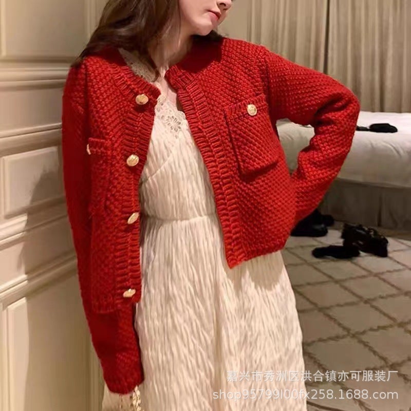 Round Neck Long Sleeve Chanel Style Sweater Jacket Women'S 2023 Spring New Loose Slimming Single Breasted Waffle - Image 1