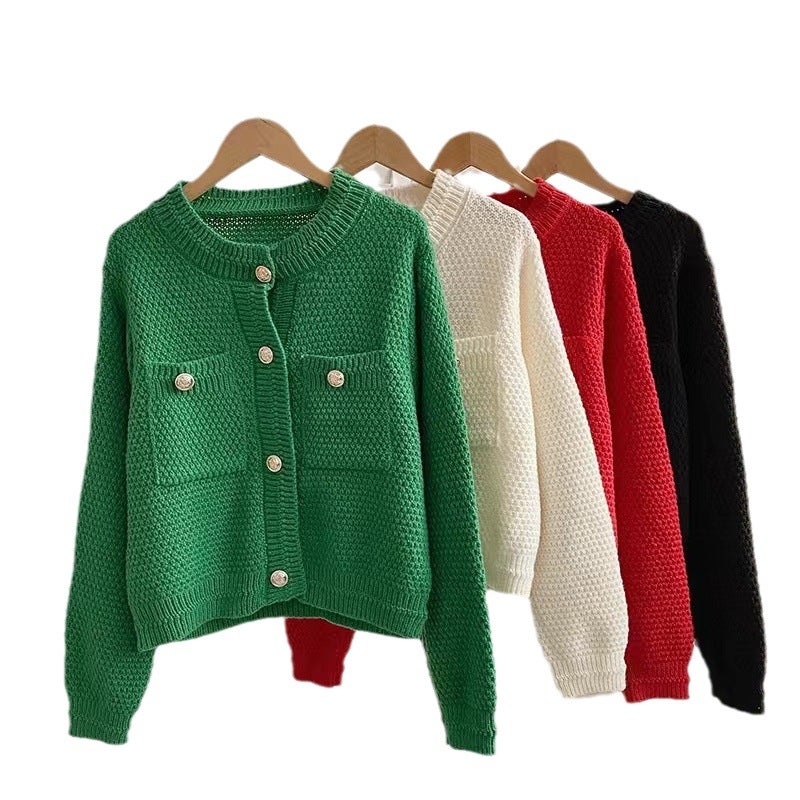 Round Neck Long Sleeve Chanel Style Sweater Jacket Women'S 2023 Spring New Loose Slimming Single Breasted Waffle - Image 5