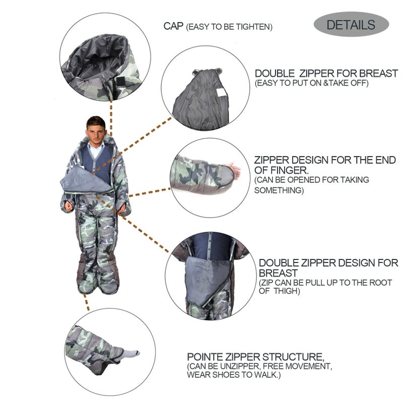 HI SUYI 72" Large Wearable Human Sleeping Bag Zipped Foot Opening Design Free Size Ultralight Hoodie Quilted Warm Thermal Coat for Adults Winter or Outdoor 4 Season Camping - Image 3