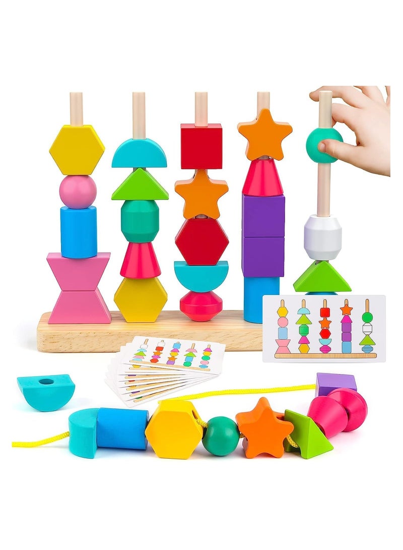 Wooden Beads Sequencing Toy Set, Stacking Blocks Lacing Beads Matching Shape Stacker, for 2 3 4 5 Year Old, STEM Preschool Learning Toys Gifts for Kids Boy Girl Toddler (Shape) - Image 1