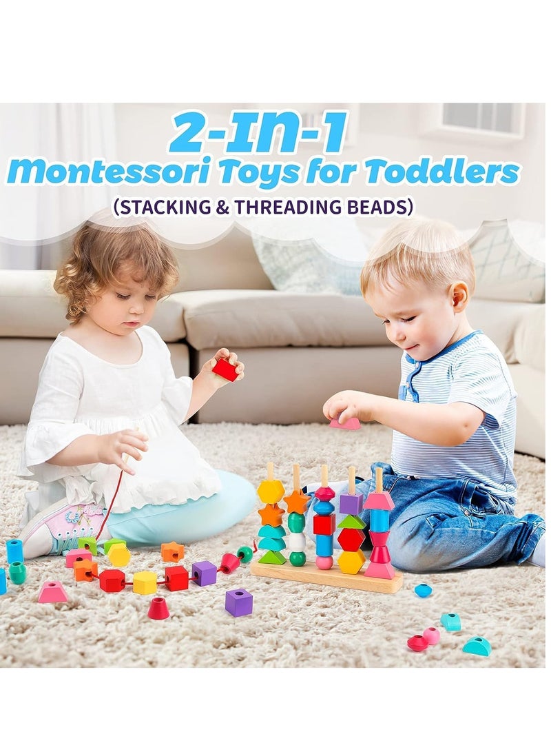 Wooden Beads Sequencing Toy Set, Stacking Blocks Lacing Beads Matching Shape Stacker, for 2 3 4 5 Year Old, STEM Preschool Learning Toys Gifts for Kids Boy Girl Toddler (Shape) - Image 2