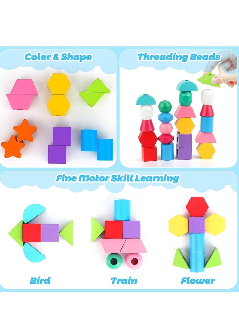 Wooden Beads Sequencing Toy Set, Stacking Blocks Lacing Beads Matching Shape Stacker, for 2 3 4 5 Year Old, STEM Preschool Learning Toys Gifts for Kids Boy Girl Toddler (Shape) - Image 5