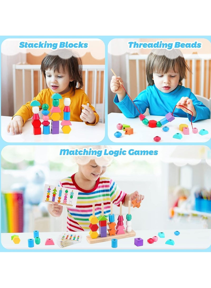Wooden Beads Sequencing Toy Set, Stacking Blocks Lacing Beads Matching Shape Stacker, for 2 3 4 5 Year Old, STEM Preschool Learning Toys Gifts for Kids Boy Girl Toddler (Shape) - Image 3