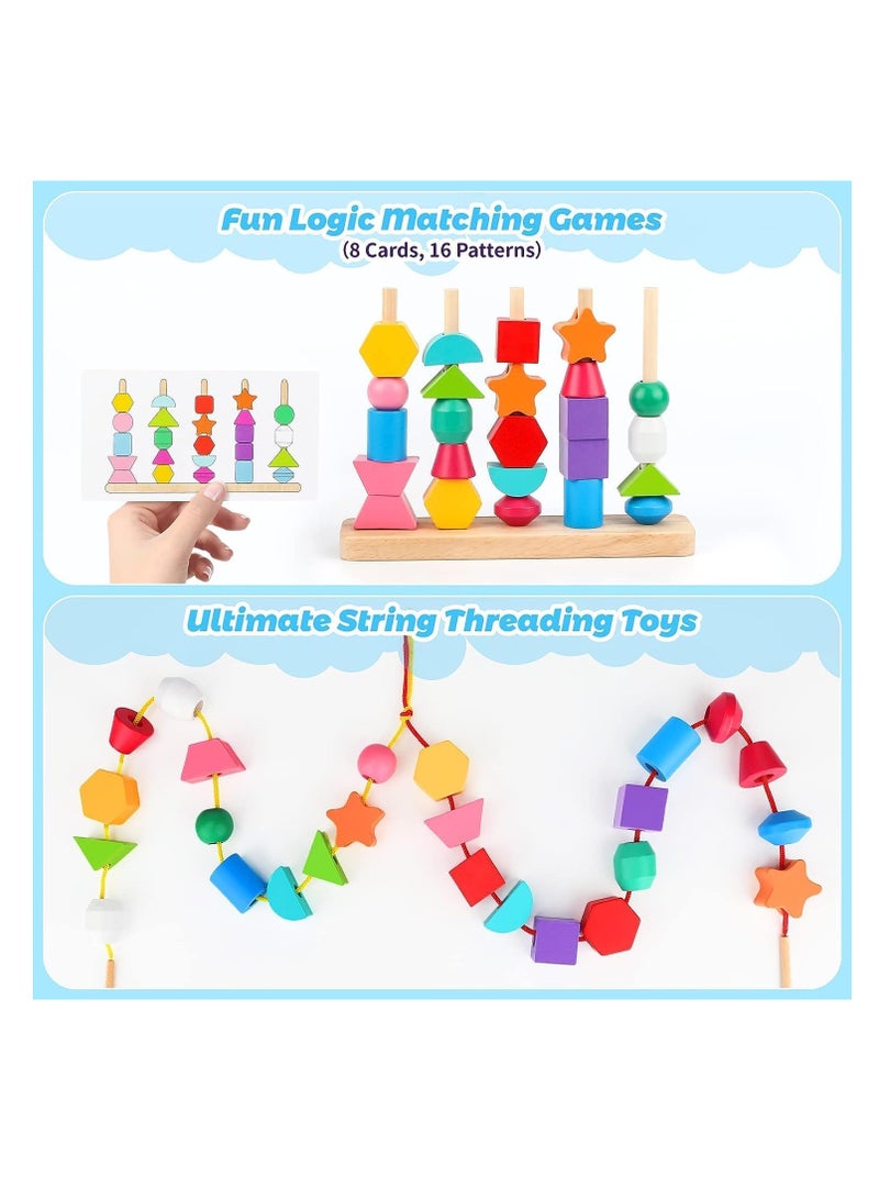 Wooden Beads Sequencing Toy Set, Stacking Blocks Lacing Beads Matching Shape Stacker, for 2 3 4 5 Year Old, STEM Preschool Learning Toys Gifts for Kids Boy Girl Toddler (Shape) - Image 4