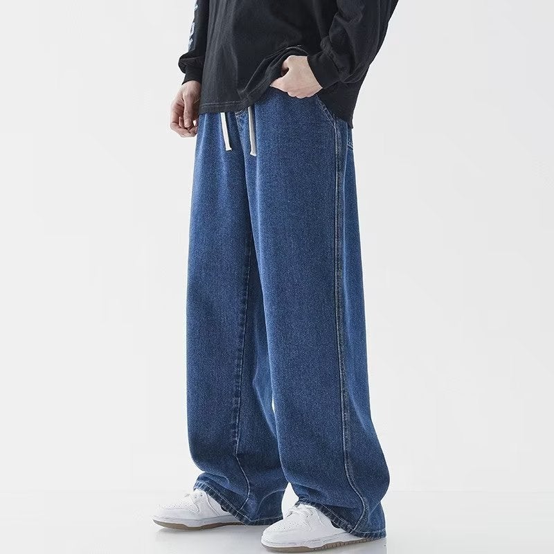 American High Street Distressed Jeans For Men, Autumn Trendy Brand, Elastic Waist, Washed Straight Pants, Wide-Leg Versatile Long Pants - Image 1
