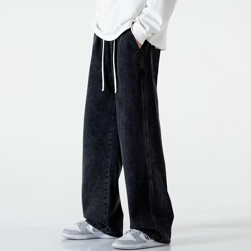 American High Street Distressed Jeans For Men, Autumn Trendy Brand, Elastic Waist, Washed Straight Pants, Wide-Leg Versatile Long Pants - Image 5