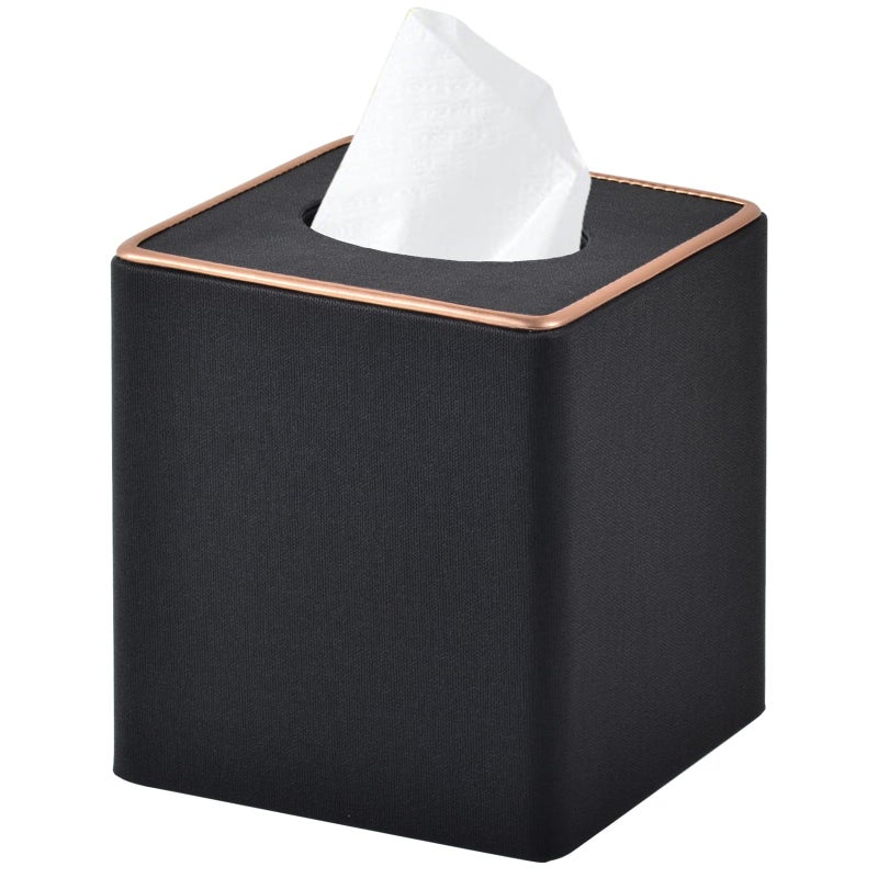RHCSZ Linen Square Tissue Box Cover,Cube Tissue Box Holderï¼Excellent Rosegold Leather Decoration,Table Napkin Case Dispenser,Facial Tissues Organizer with Magnetic Bottom for Home Office Car(Black) - Image 1