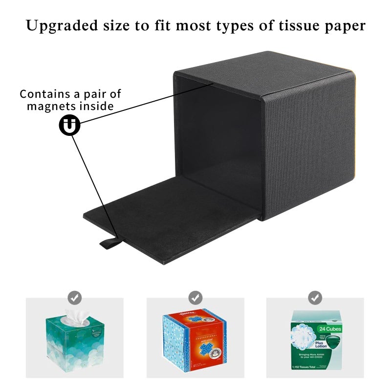RHCSZ Linen Square Tissue Box Cover,Cube Tissue Box Holderï¼Excellent Rosegold Leather Decoration,Table Napkin Case Dispenser,Facial Tissues Organizer with Magnetic Bottom for Home Office Car(Black) - Image 5